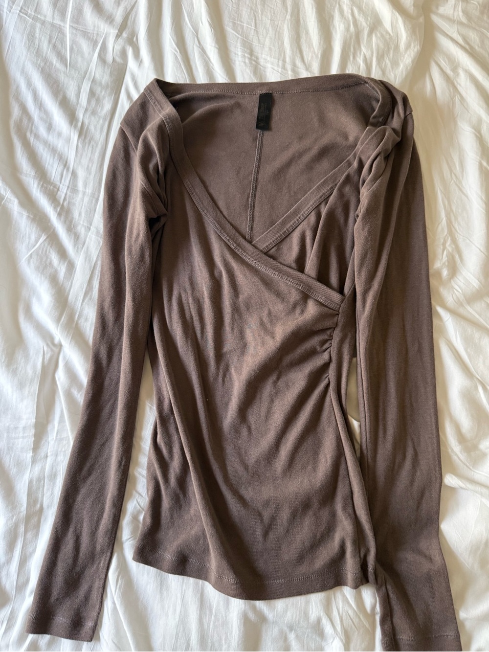 Vintage Brown Wrap-Style Long Sleeve Top